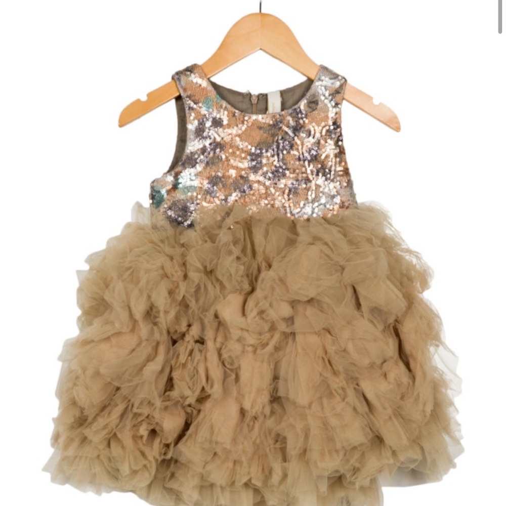 Gold and Tan Dance Dress with Sequin Bodice and Tulle Skirt